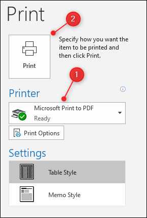Opções de impressão do Outlook, com a escolha da impressora e o botão Imprimir realçados.