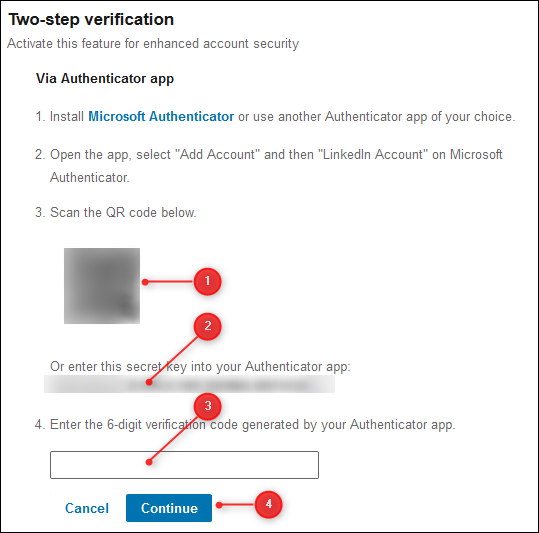 Instruções do LinkedIn para adicionar a conta a um aplicativo autenticador.