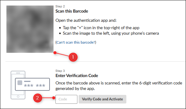 A imagem do código QR e a caixa de texto do código de verificação