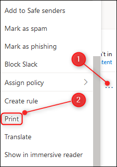 Os três pontos no lado superior direito da correspondência e a opção Imprimir.