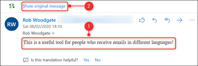 O e-mail traduzido com a opção "Mostrar mensagem original" destacada.