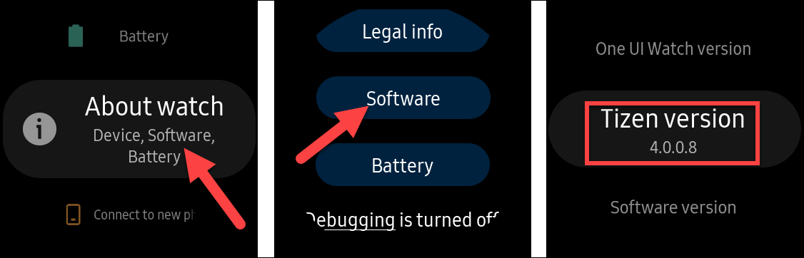 Selecione "Configurações", "Sobre o relógio", "Software" e, em seguida, selecione "Versão do Tizen".