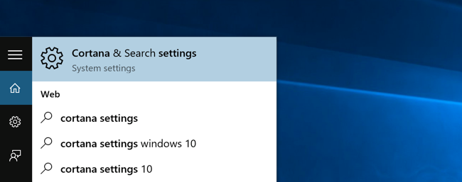 Opção de configurações da Cortana e Pesquisa no menu Iniciar do Windows 10