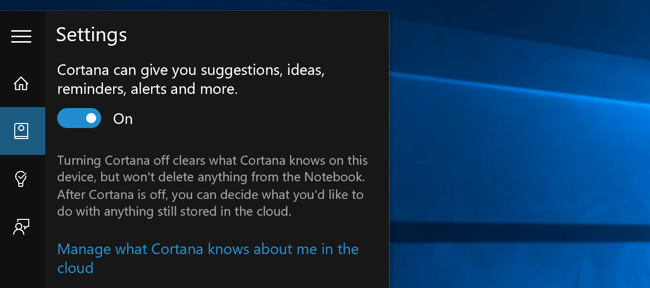 Antiga opção do menu Iniciar para desativar a Cortana no Windows 10