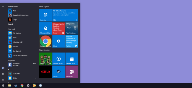 área de trabalho do Windows com menu iniciar aberto