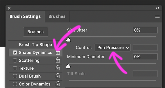 Clique em “Shape Dynamics” e selecione “Pen Pressure”. 