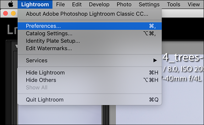 abra o menu do lightroom e clique em preferências