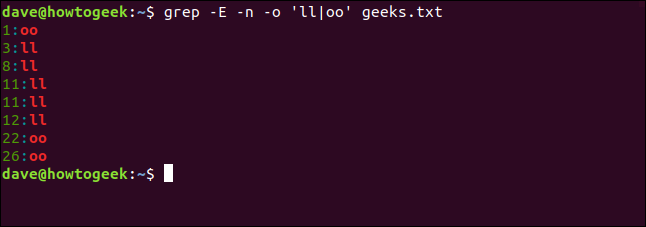 O "grep -E -n -o 'll | oo' geeks.txt" em uma janela de terminal.