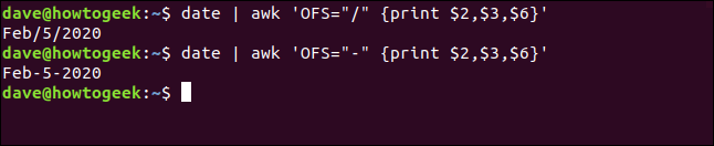 Os comandos "date | awk 'OFS =" / "{print $ 2, $ 3, $ 6}'" e "date | awk 'OFS =" - "{print $ 2, $ 3, $ 6}'" em uma janela de terminal.