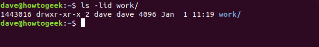 O comando "ls -lid work /" em uma janela de terminal.