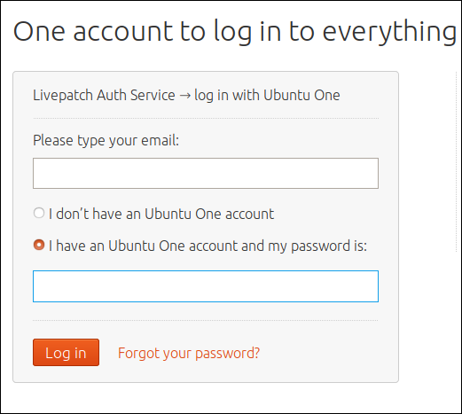 Página da web de login do Ubuntu One