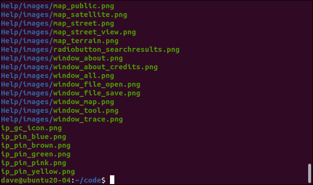 saída de fdfind -e png em uma janela de terminal.