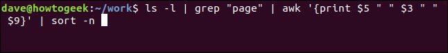 ls -l |  grep "página" |  awk '{print $ 5 "" $ 3 "" $ 9}' |  sort -n em uma janela de terminal