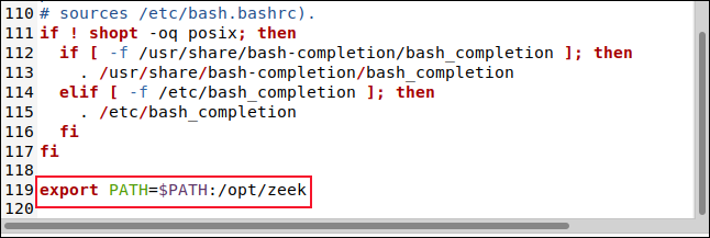 O arquivo BASHRC no editor gedit com a linha export PATH = $ PATH: / opt / zeek.