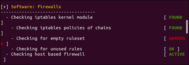 A categoria Firewalls resulta em um relatório de auditoria do Lynis em uma janela de terminal.