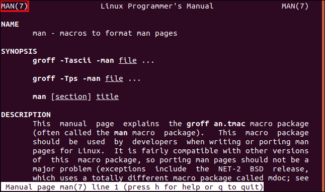 Uma página "man" aberta na seção sete do manual em uma janela de terminal.