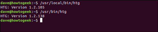 Comando "/ usr / local / bin / htg" em uma janela de terminal.