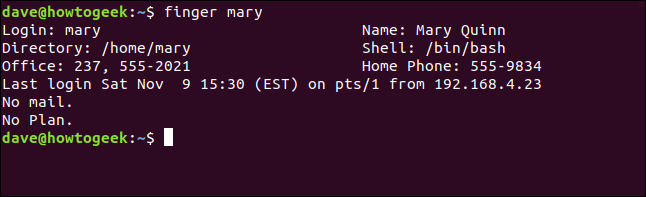 O comando "finger mary" em uma janela de terminal.