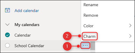 A opção "Charm" para um calendário.