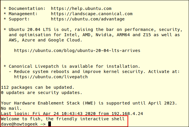 Conexão SSH mostrando o fish shell como o shell de login, em uma janela de terminal.