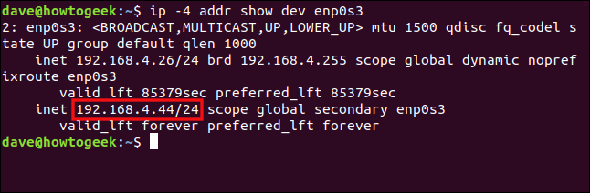 O comando "ip -4 addr show dev enp0s3" em uma janela de terminal.