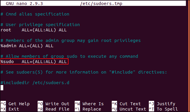 O arquivo sudoers com a linha% sudo destacada