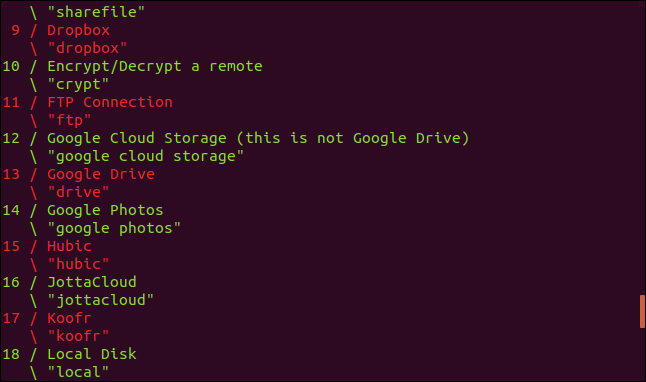 configuração do rclone em uma janela de terminal