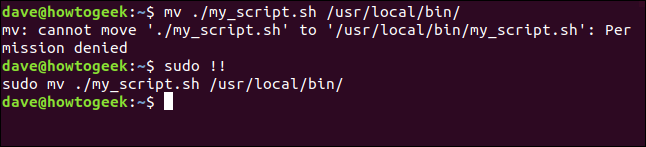 Um comando "mv ./my_script.sh / usr / local / bin /" em uma janela de terminal.