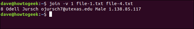 O comando "join -v file-1.txt file-4.txt" em uma janela de terminal.
