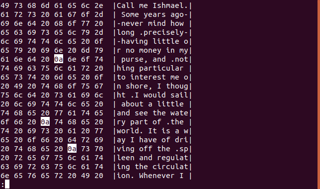 Saída de hexdump em menos em uma janela de terminal com caracteres de nova linha destacados