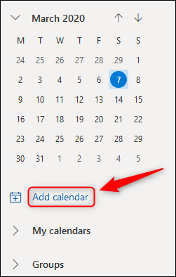 Opção "Adicionar calendário" do Outlook Online.