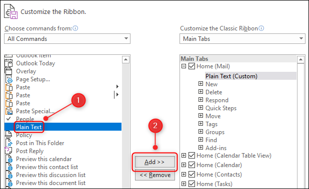 O comando "Texto Simples" sendo adicionado ao novo grupo.