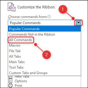 Altere o menu suspenso "Comandos populares" para "Todos os comandos".