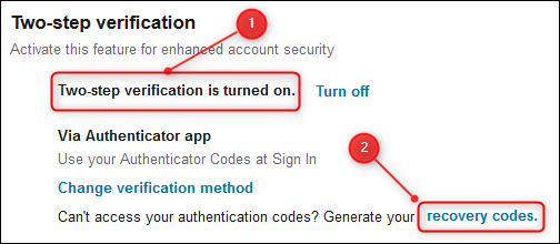 As configurações de "Verificação em duas etapas", com "códigos de recuperação" destacados.