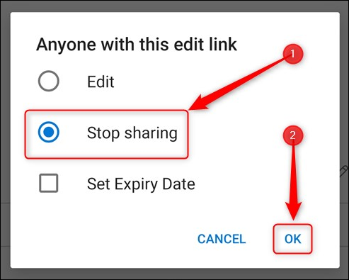 O botão de opção Parar de compartilhar