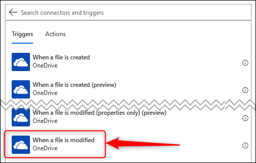O gatilho OneDrive "Quando um arquivo é modificado"