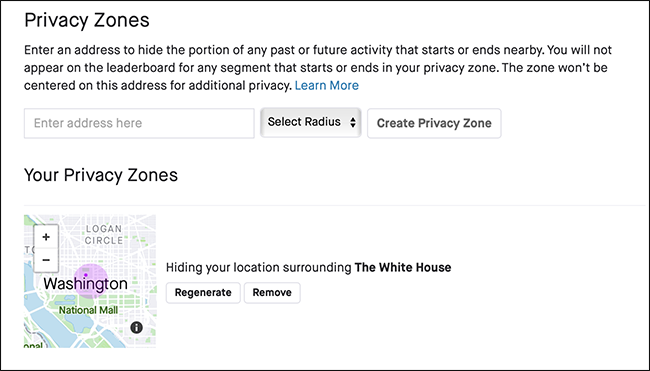 O menu "Zonas de privacidade" no Strava.