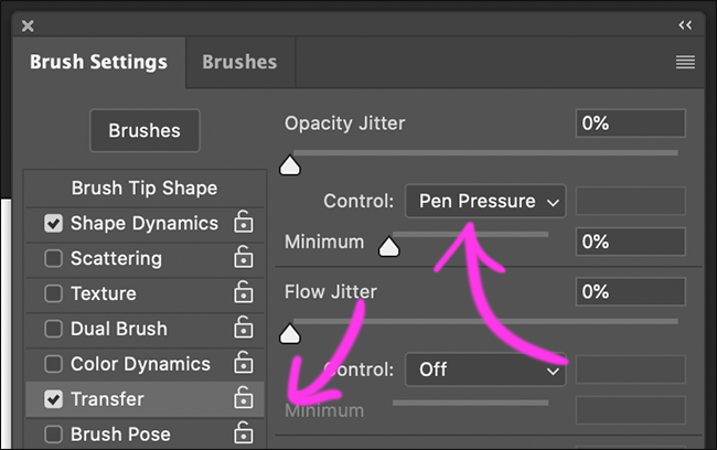 Clique em “Transfer” e defina o “Opacity Jitter Control” para “Pen Pressure”.