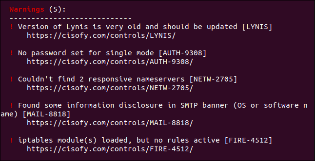 Uma seção de avisos em um relatório de auditoria Lynis em uma janela de terminal.