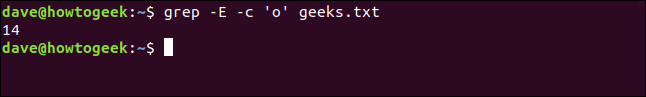 O comando "grep -E -c 'o' geeks.txt" em uma janela de terminal.
