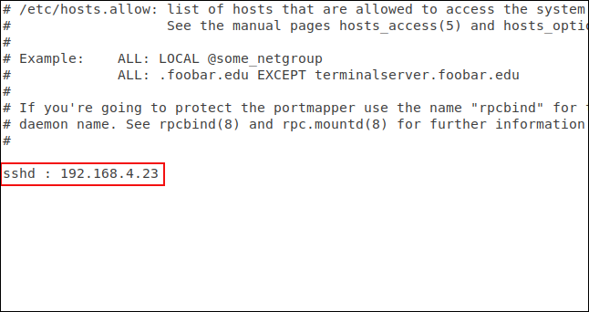 Arquivo hosts.allow carregado no gedit com destaques das ediçõesd