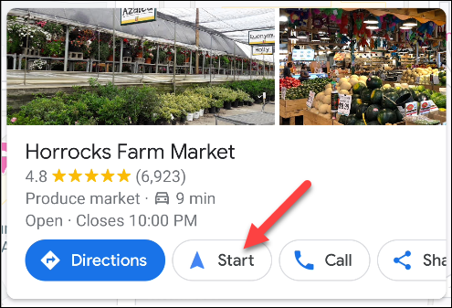 Toque em "Iniciar" no Google Maps para navegar até um local.