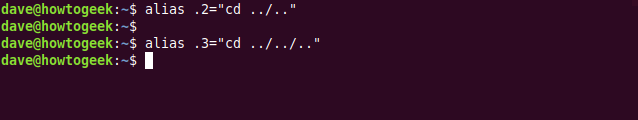Os comandos alias .2 = "cd ../ .." e alias .3 = "cd ../../ .." em uma janela de terminal.