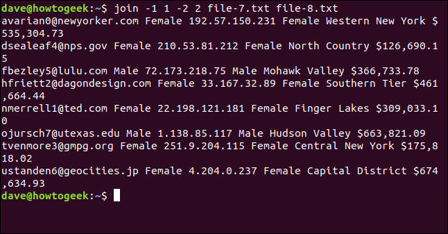 O comando "join -1 1 -2 2 file-7.txt file-8.txt" em uma janela de terminal.