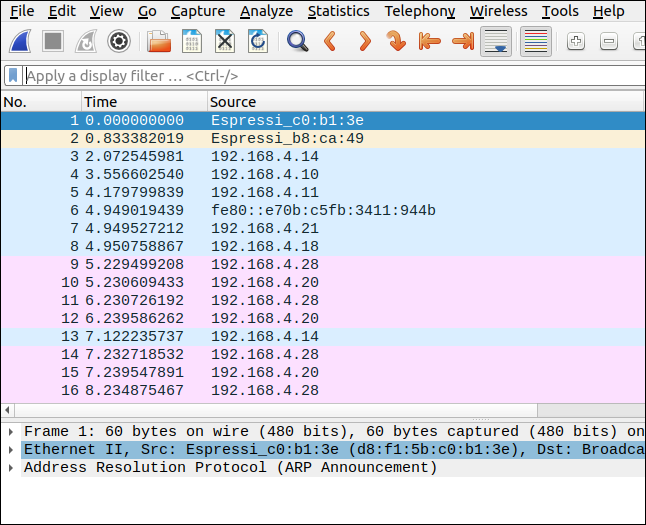 Um traço capturado exibido no Wireshark em ordem de tempo.