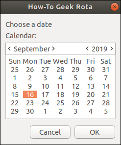 Janela do calendário Zenity com 16 de setembro de 2019 selecionado.