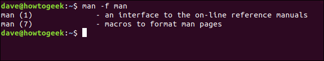 O comando "man -f man" em uma janela de terminal.