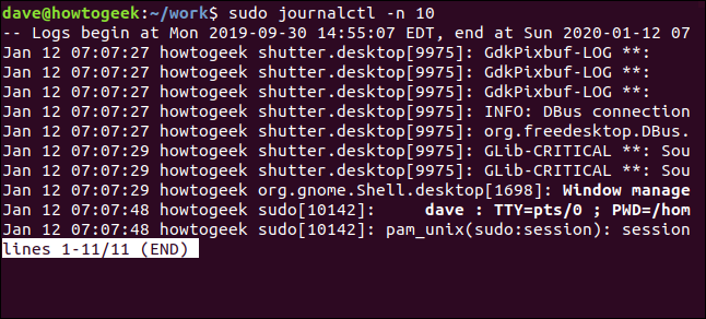 sudo journalctl -n 10 em uma janela de terminal