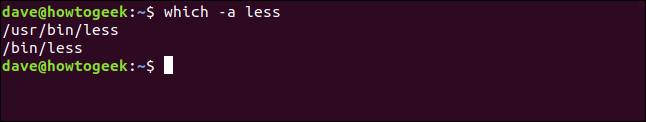 O comando "which -a less" em uma janela de terminal.