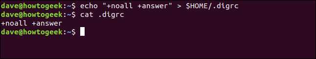 Os comandos "echo" + noall + answer "> $ HOME / .digrc" e "cat .digrc" em uma janela de terminal.